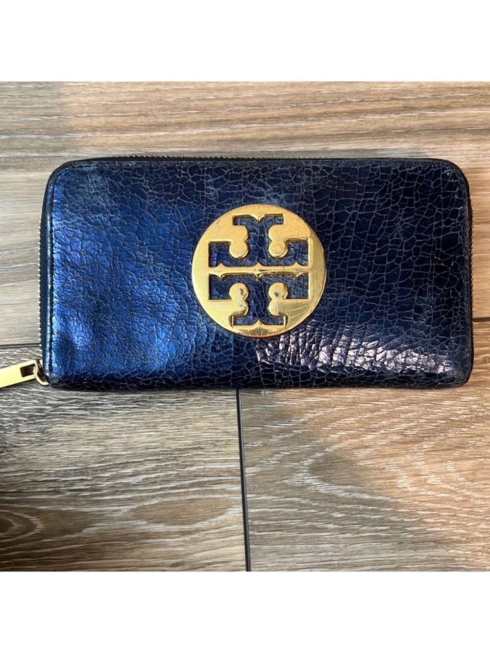 Tory Burch Black Leather Zip Wallet with Gold Logo